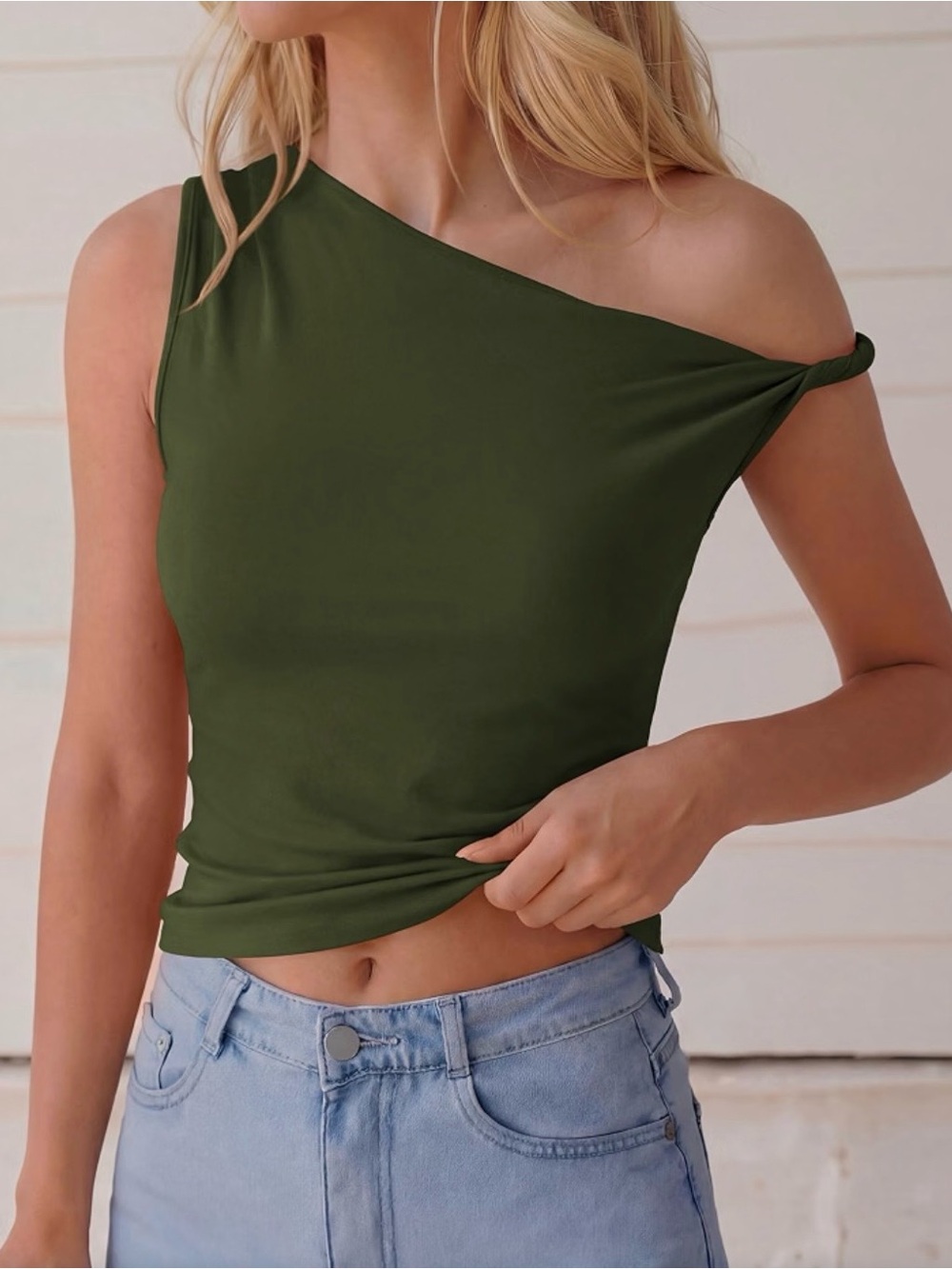 Women’s Off Shoulder Olive Green Top - Sleek Asymmetric Tank Style, sz Large
